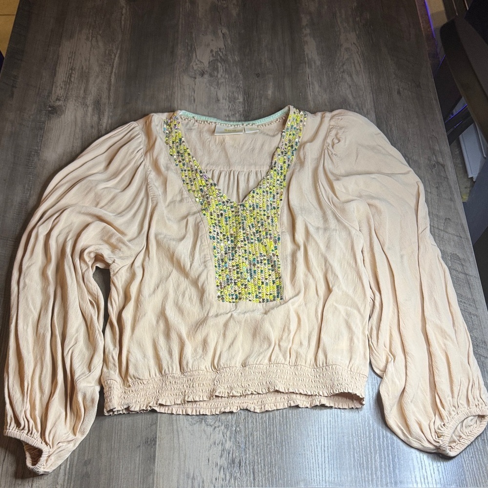 Maeve Peach Beaded Accent Peasant Sleeve Blouse